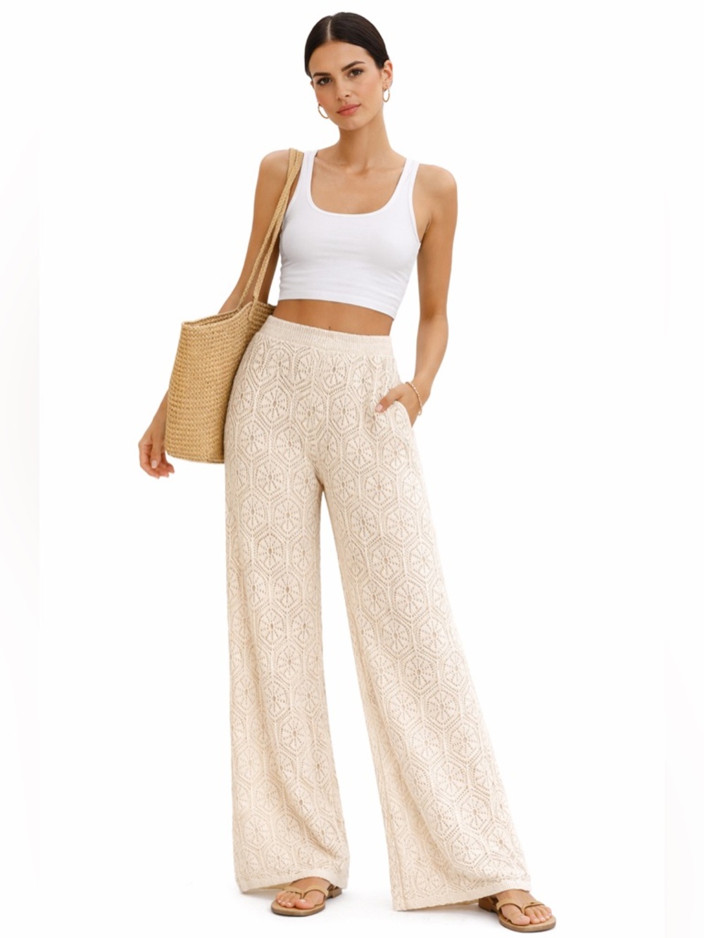 Shade & Shore Crochet Wide Leg Pants Peach Beach Cover Up Boho Size M